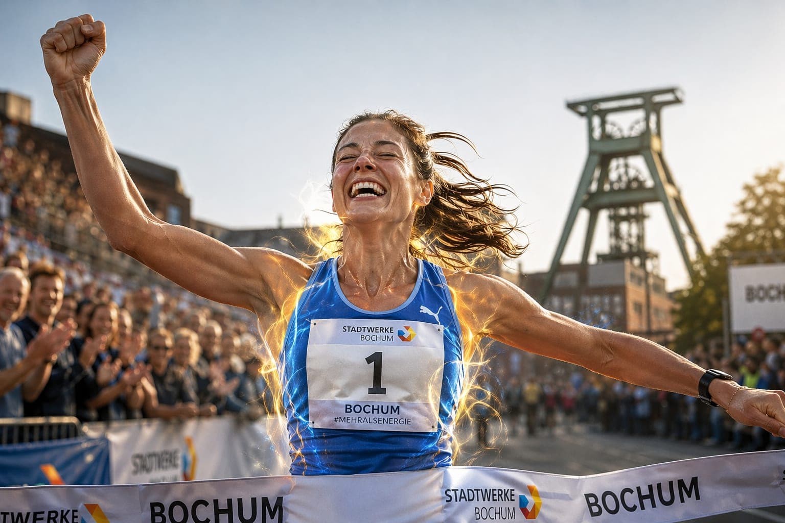 Läuferin überquert jubelnd die Ziellinie beim Stadtwerke Halbmarathon Bochum